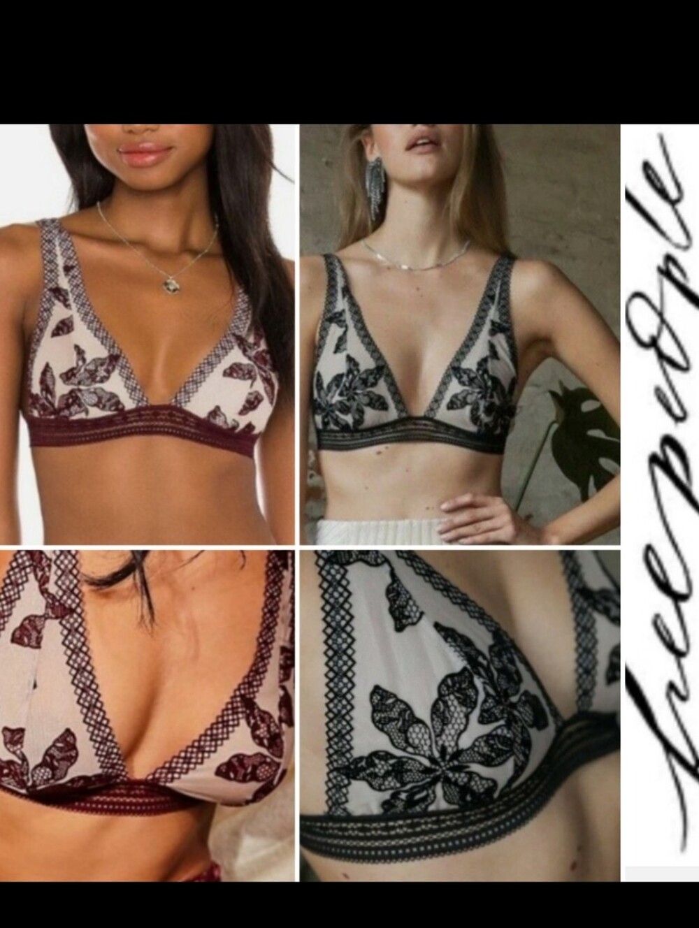 2 Free People Alia Triangle Bras, Floral Lace, Black & Bordeaux XS